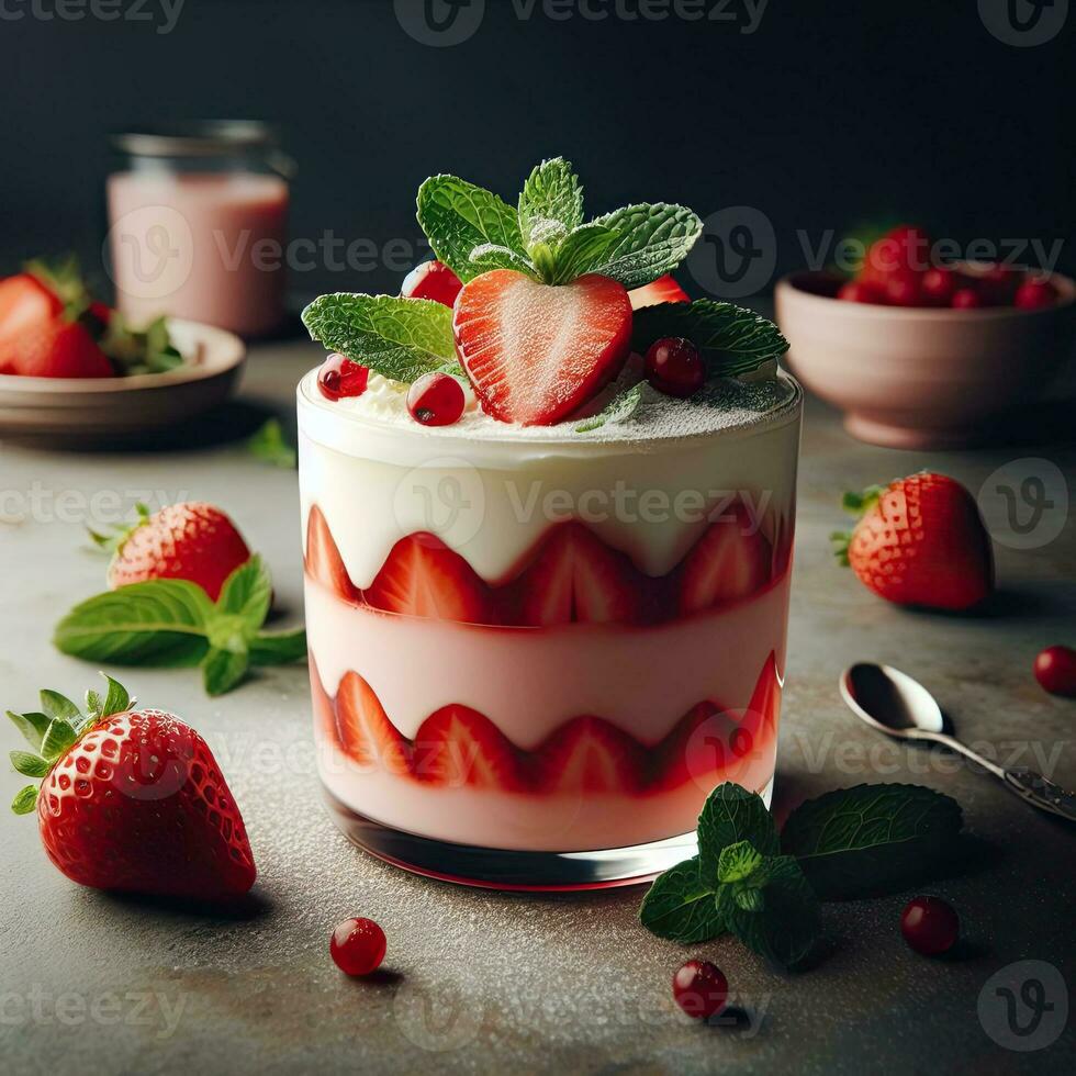 AI generated Delicious strawberry pudding with mint leaves AI Generative photo