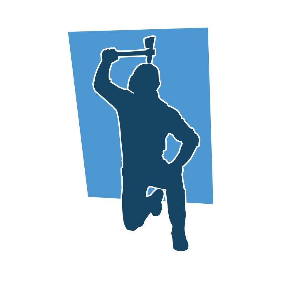 Silhouette of a worker in action pose using his axe tool. vector