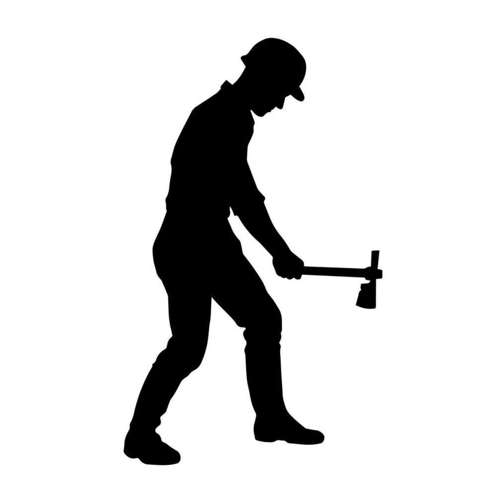 silueta de un trabajador en acción actitud utilizando su hacha herramienta. vector