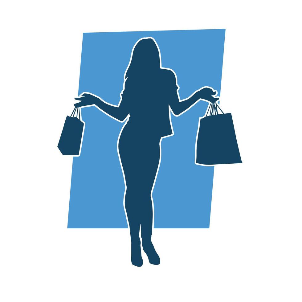 Silhouette of a slim young woman carrying shopping bags. vector