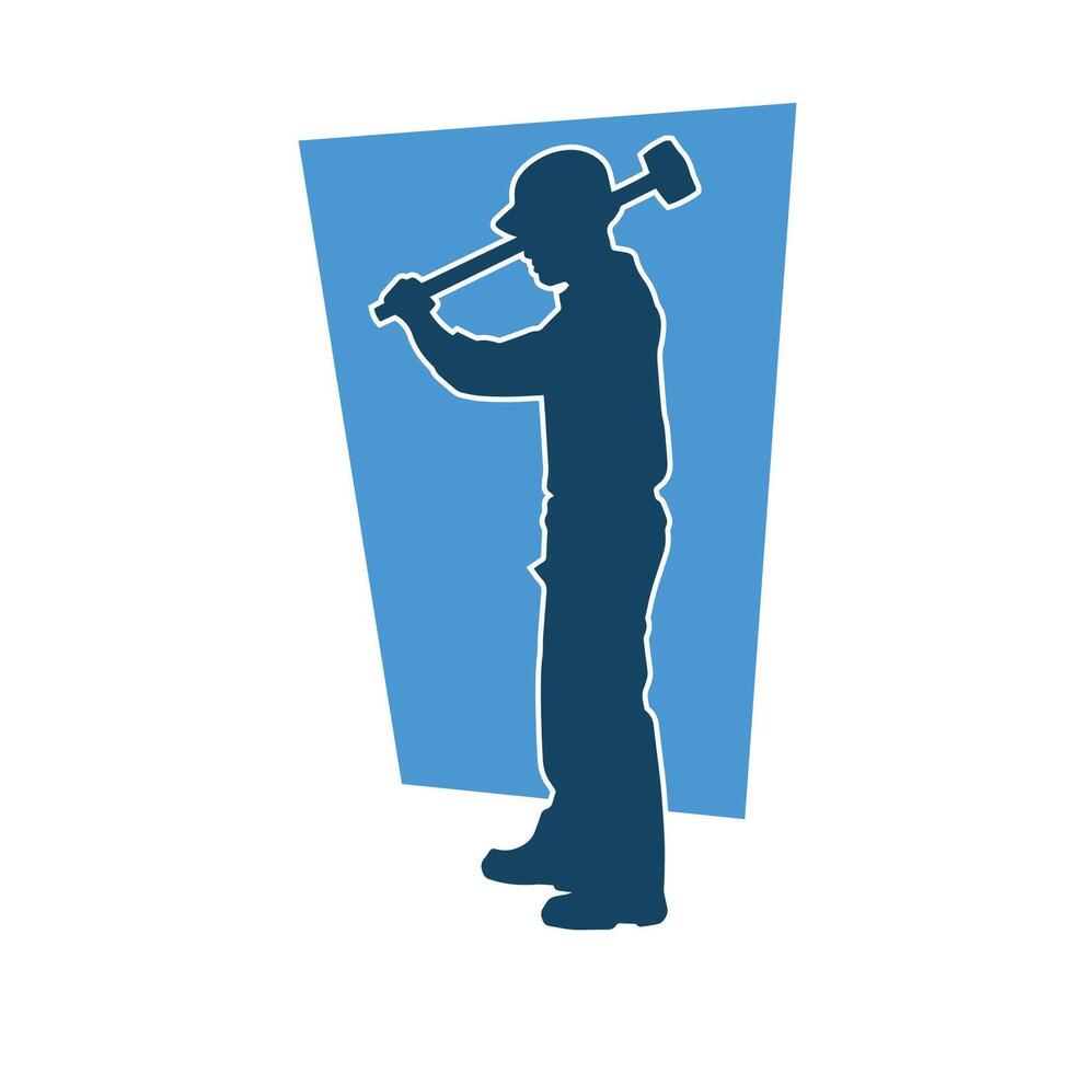 Silhouette of a worker in action pose using his sledge hammer tool. vector