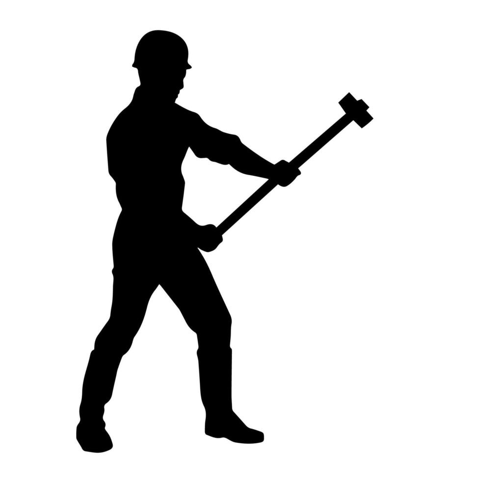 Silhouette of a worker in action pose using his sledge hammer tool. vector