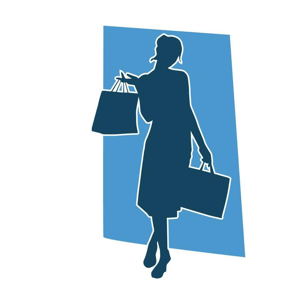 silueta de un Delgado joven mujer que lleva compras bolsas. vector
