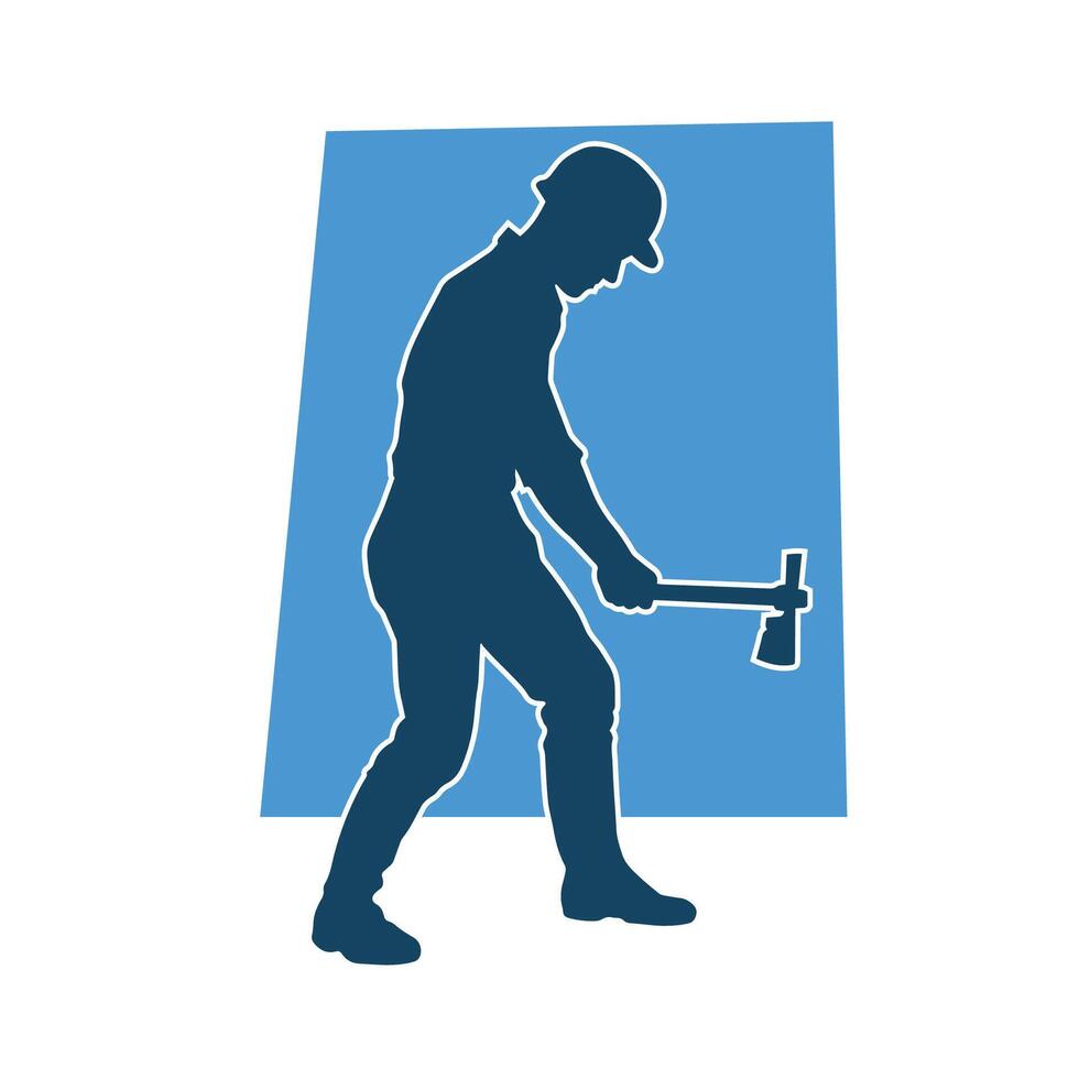 Silhouette of a worker in action pose using his axe tool. vector