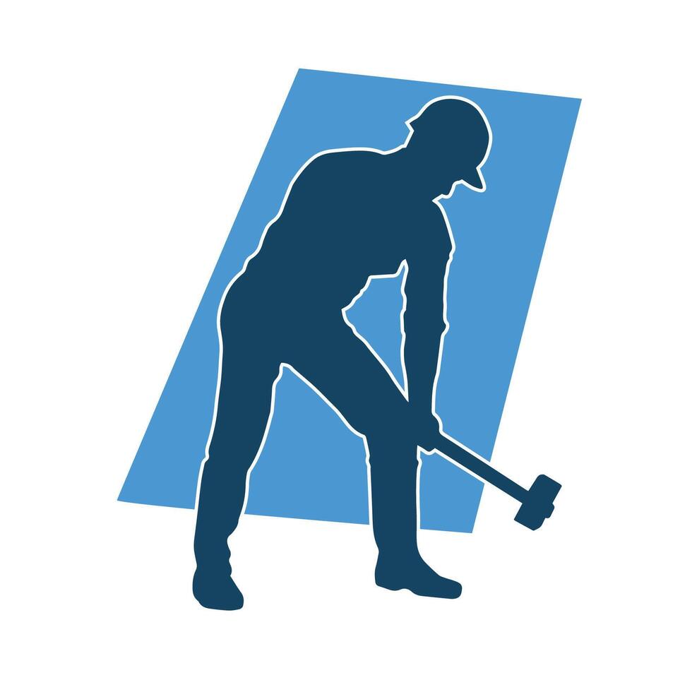 Silhouette of a worker in action pose using his sledge hammer tool. vector