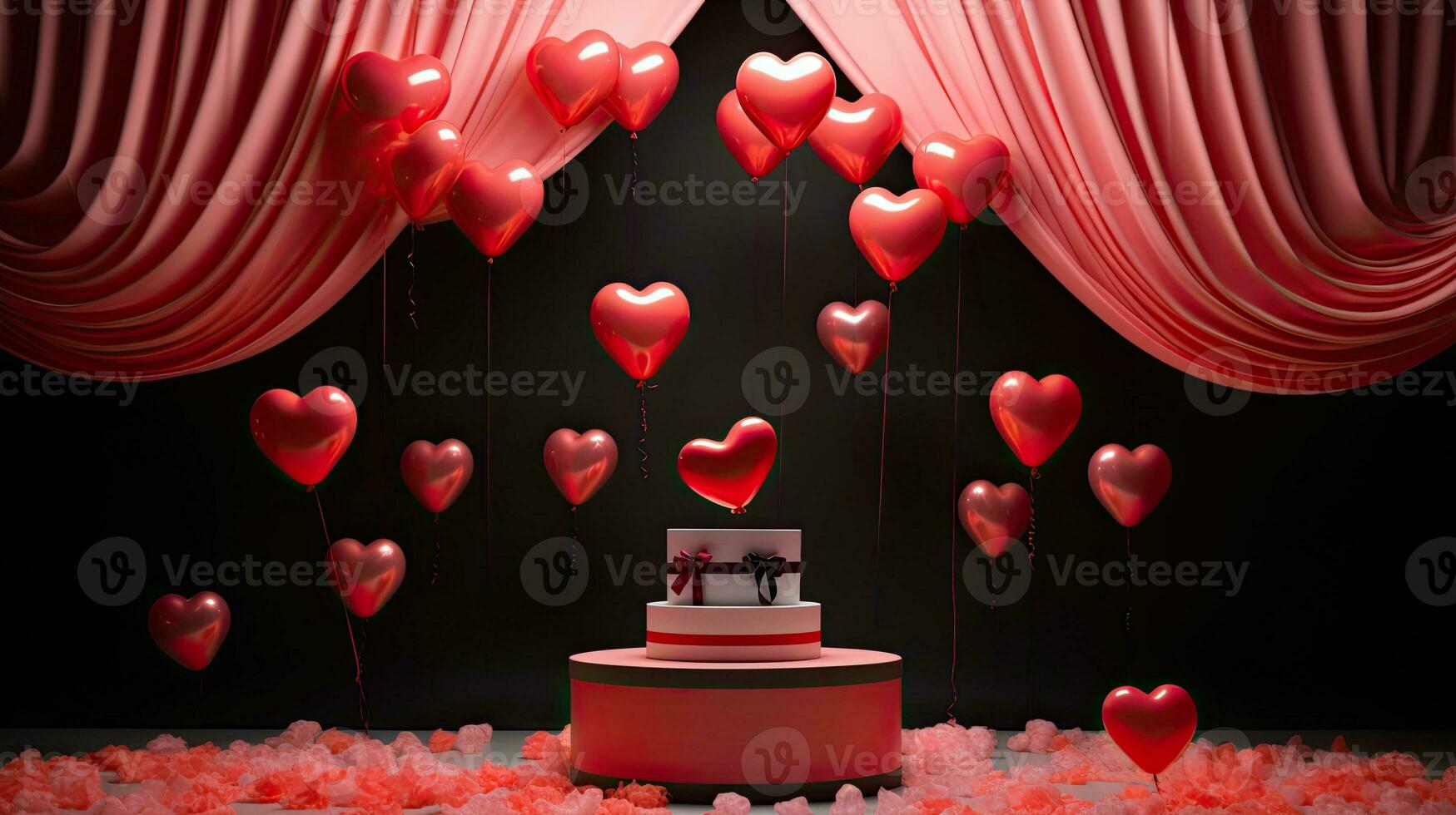 AI generated Product podium mockup with red heart balloon AI Generative photo