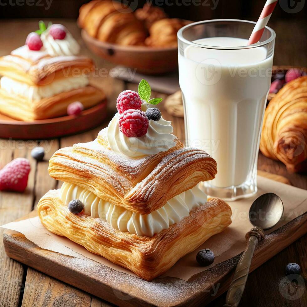 AI generated Smoothie pastry with cream and a glass milk on the table AI Generative photo