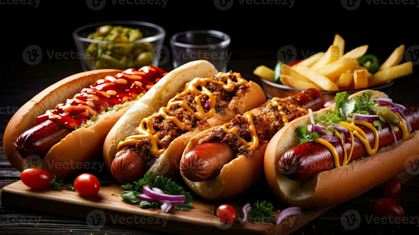 AI generated Delicious hotdog on the wooden table AI Generative photo