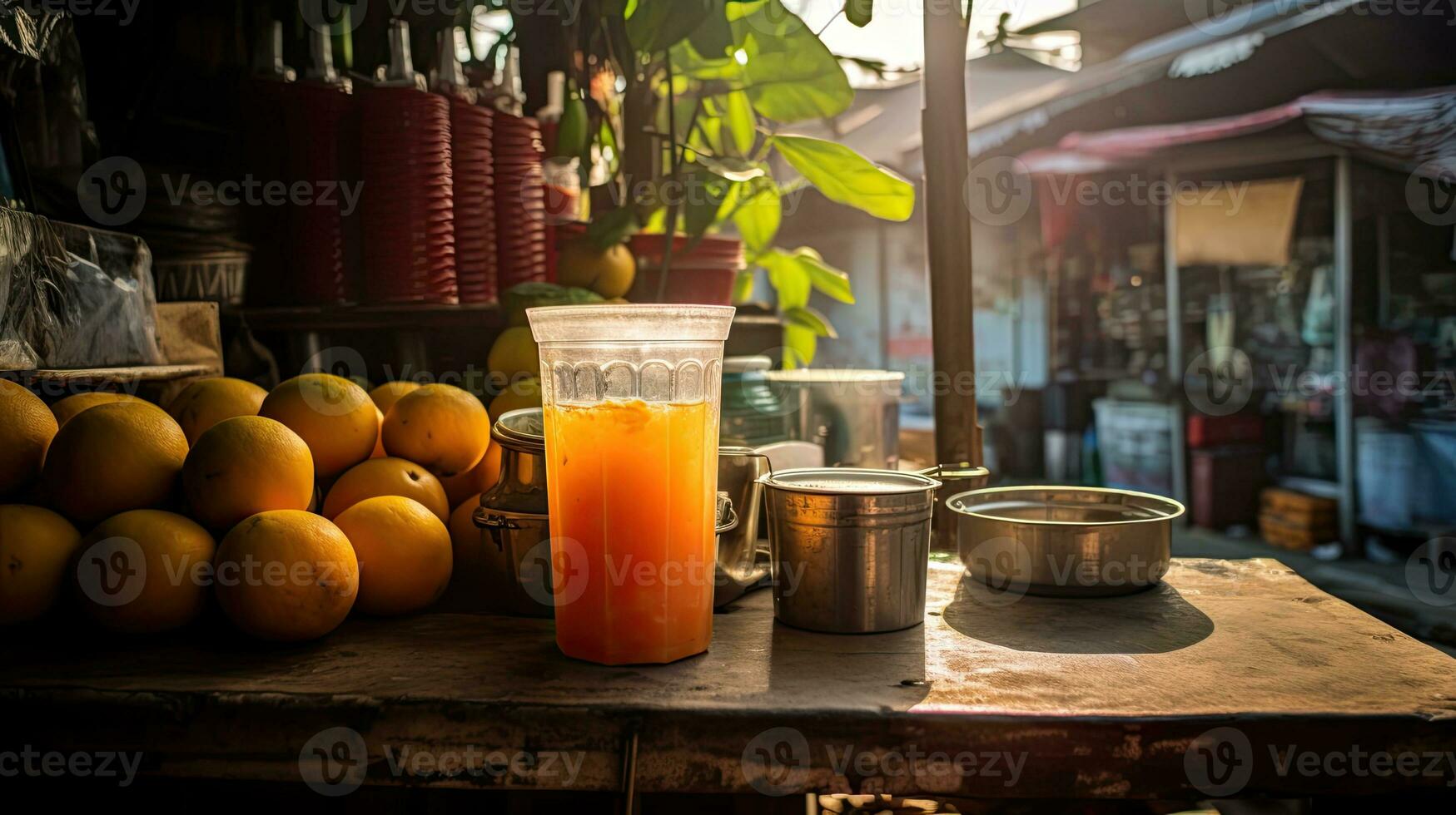 ai generado Fresco mango jugo en el de madera mesa ai generativo foto