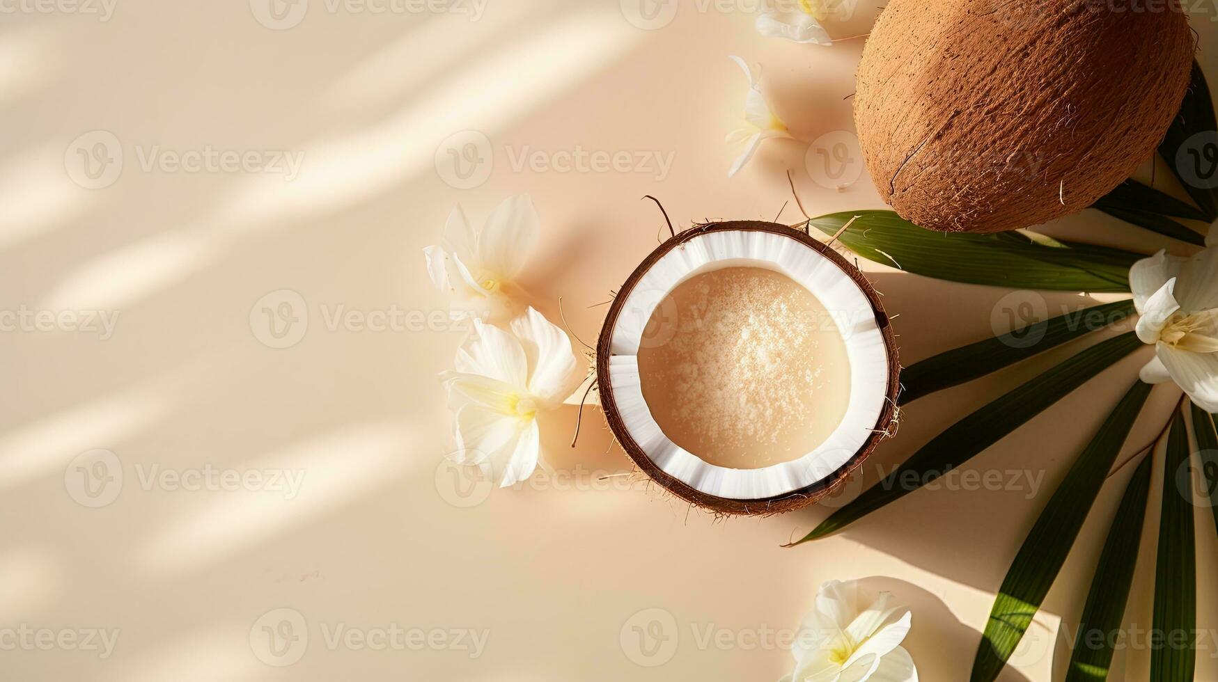 AI generated Top view coconut fruit with leaf AI Generative photo