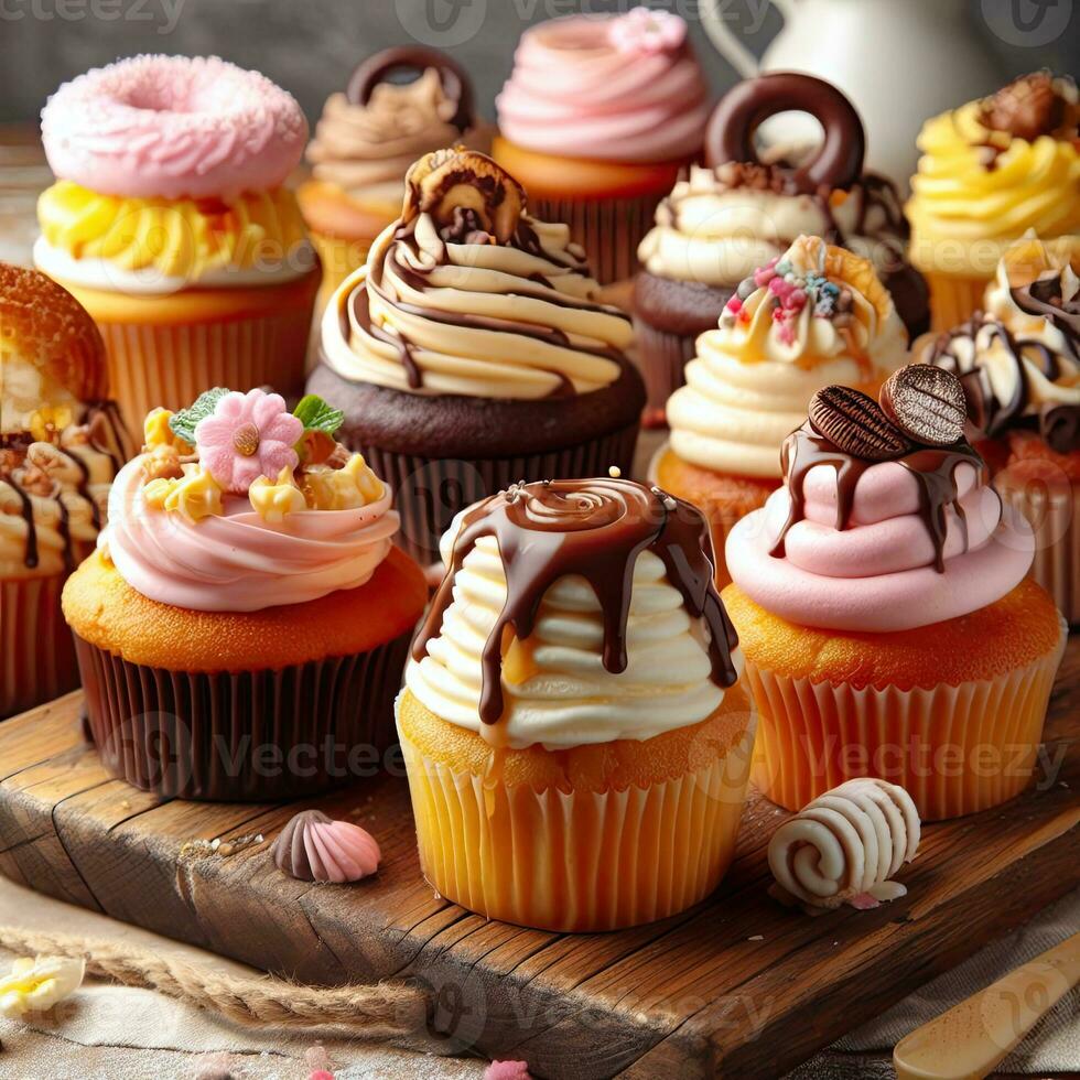 AI generated Delicious cup cake with topping on the wooden table AI Generative photo