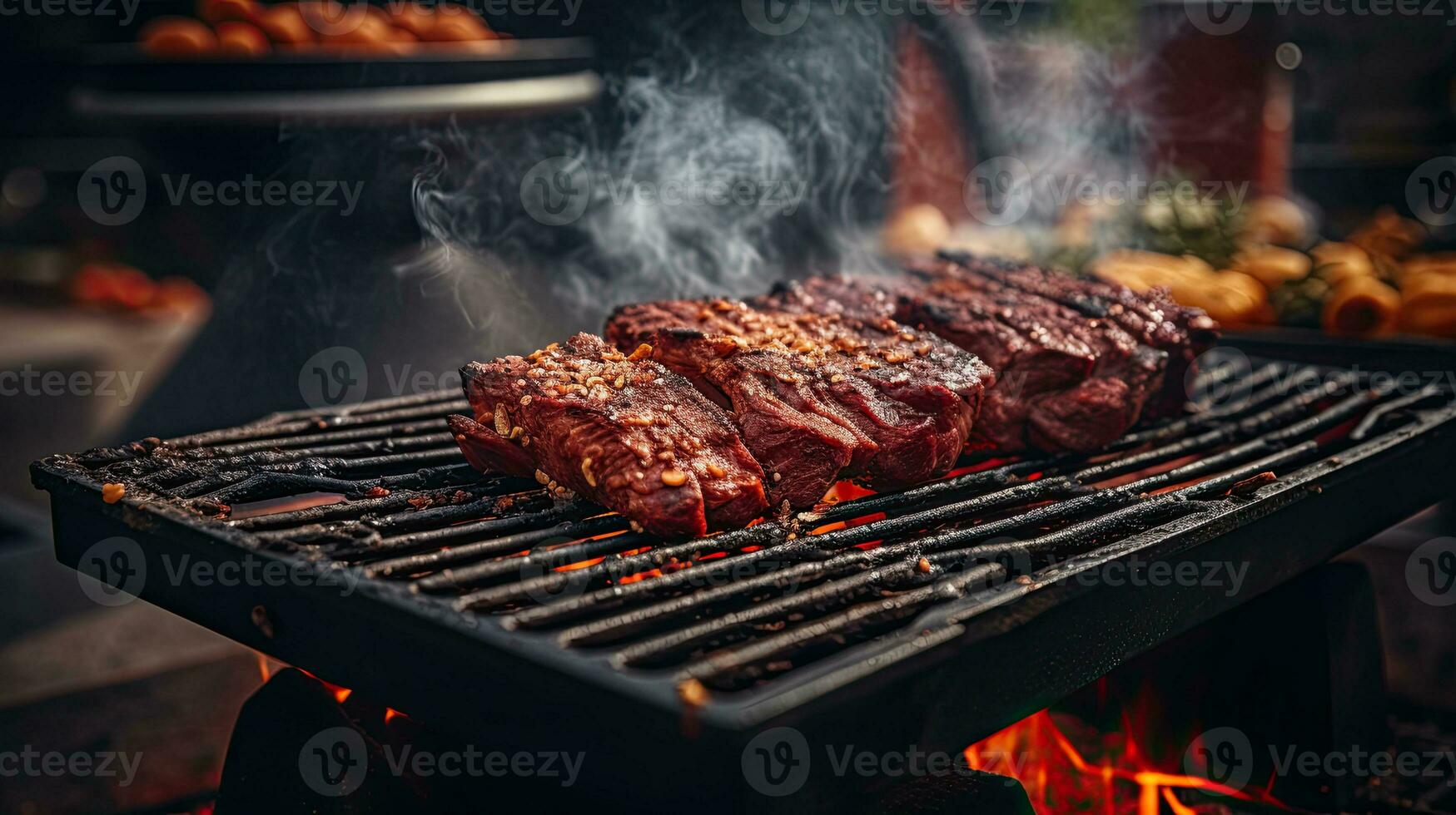 ai generado jugoso A la parrilla carne de vaca en el asado ai generativo foto