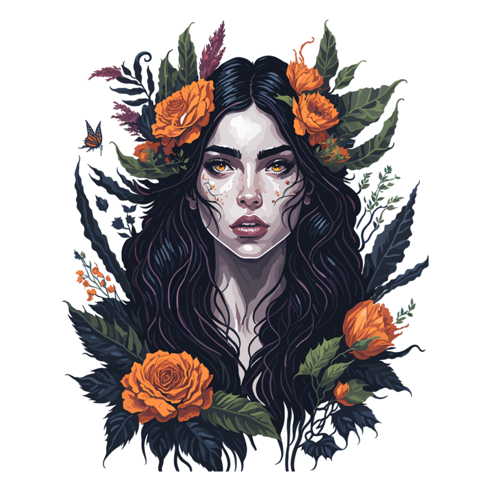 AI generated Watercolor young girl with flowers portrait art. Colorful creative watercolor illustration. png