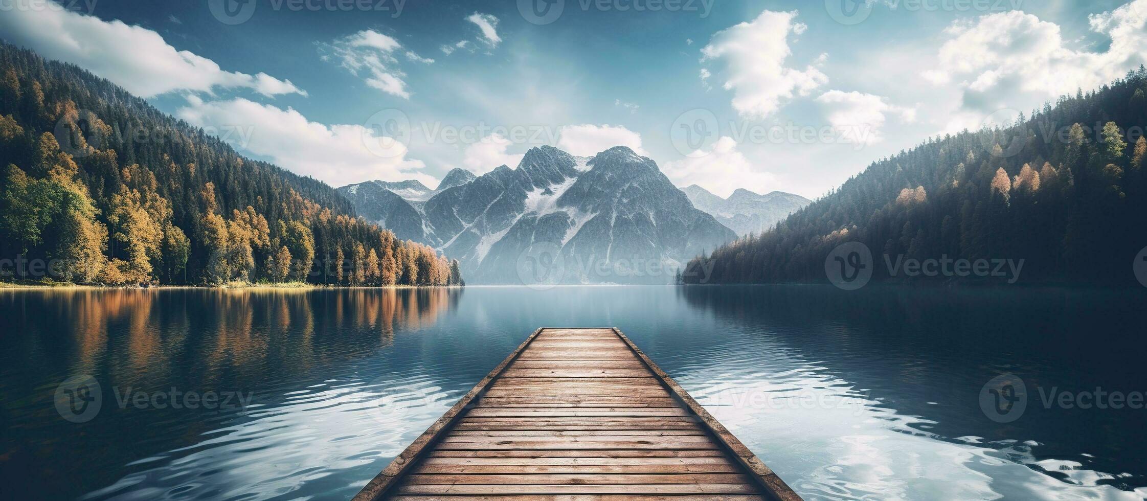 AI generated Wooden jetty on quiet lake with mountains in background. generative ai. photo