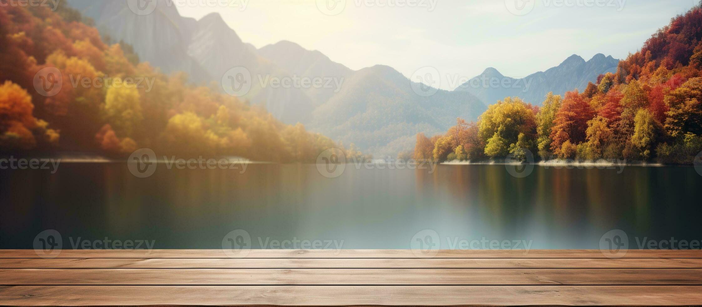 AI generated The empty wooden table top with blur background of lake and mountain. generative ai. photo