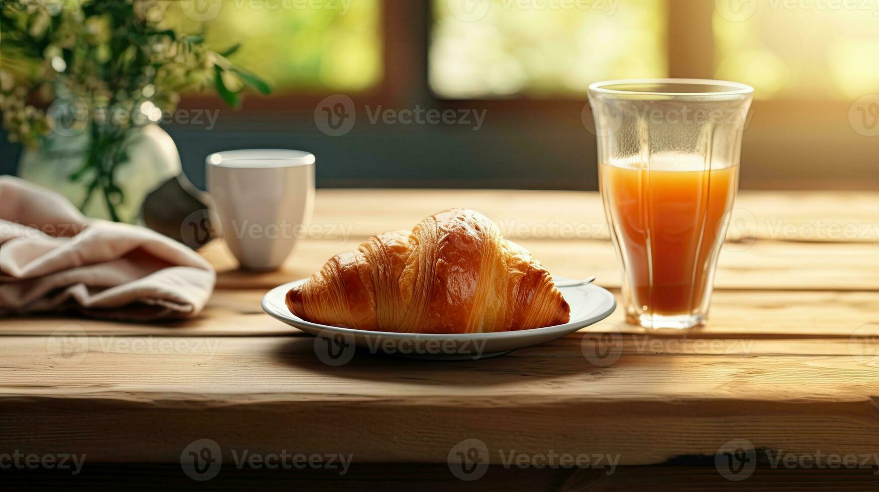 ai generado desayuno cuerno con un vaso Leche ai generativo foto