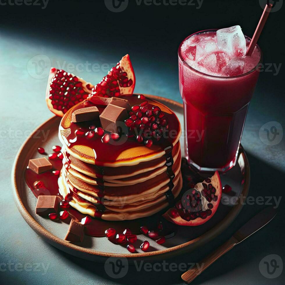 AI generated pancake with a glass pomegranate juice AI Generative photo