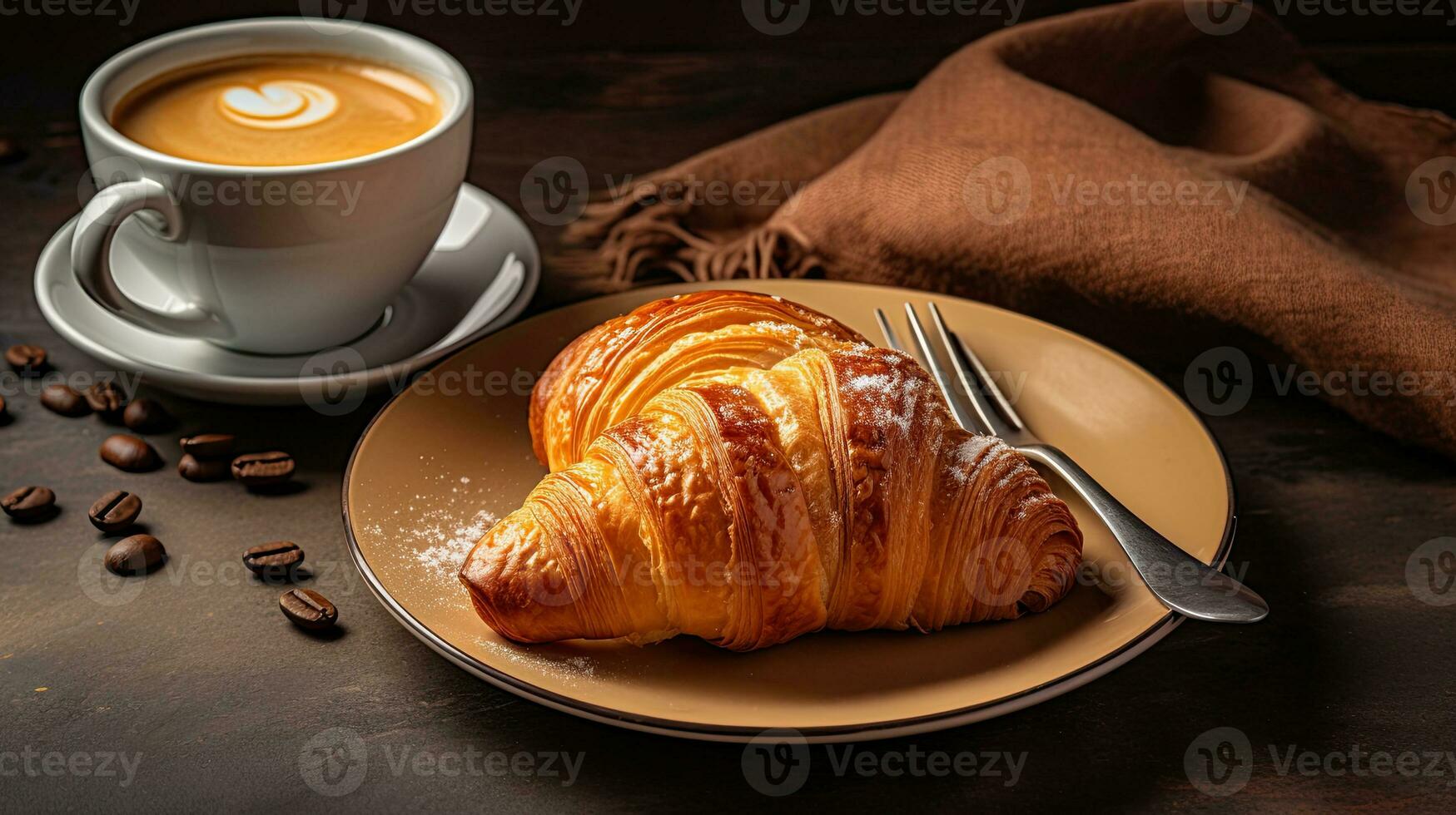 AI generated Breakfast croissant with a cup coffee AI Generative photo