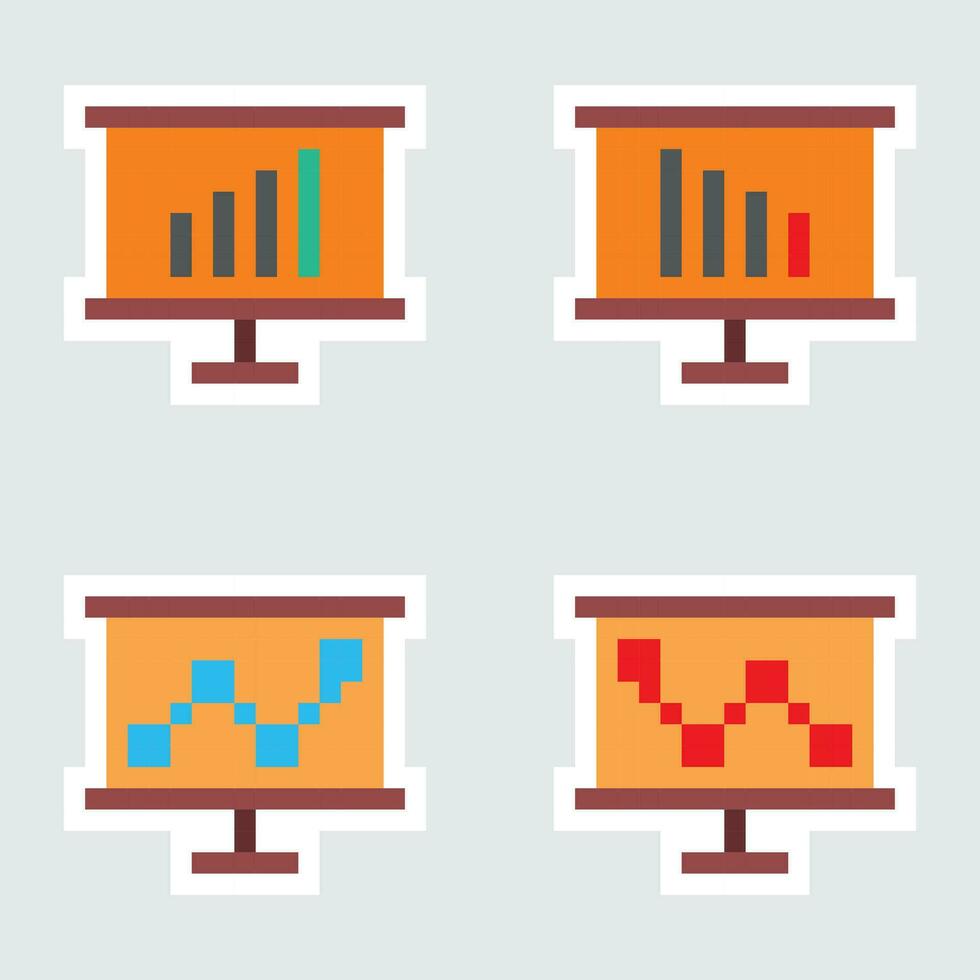 pixel icons of a monitor with graphs and bar charts vector
