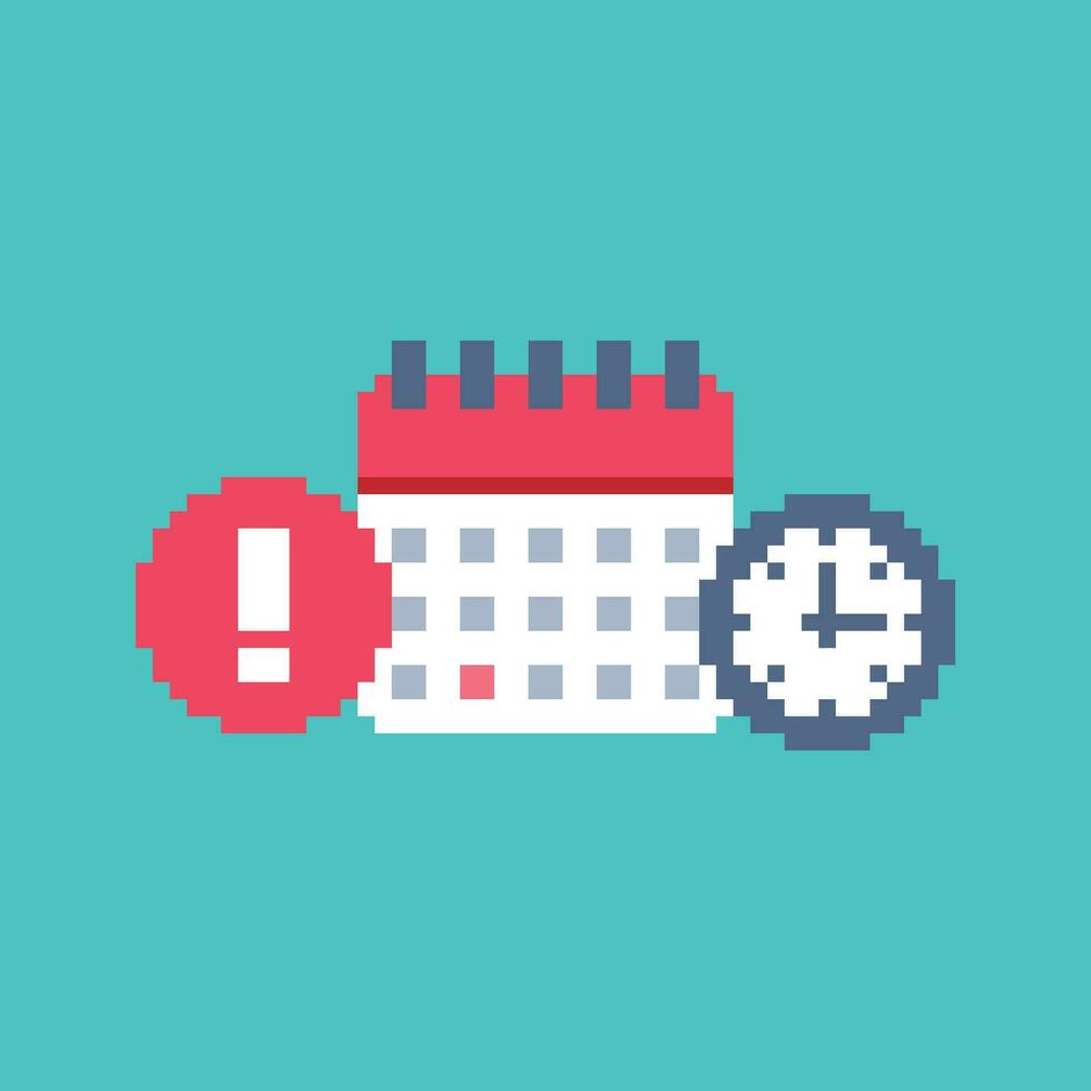 un píxel estilo icono de un calendario y reloj vector