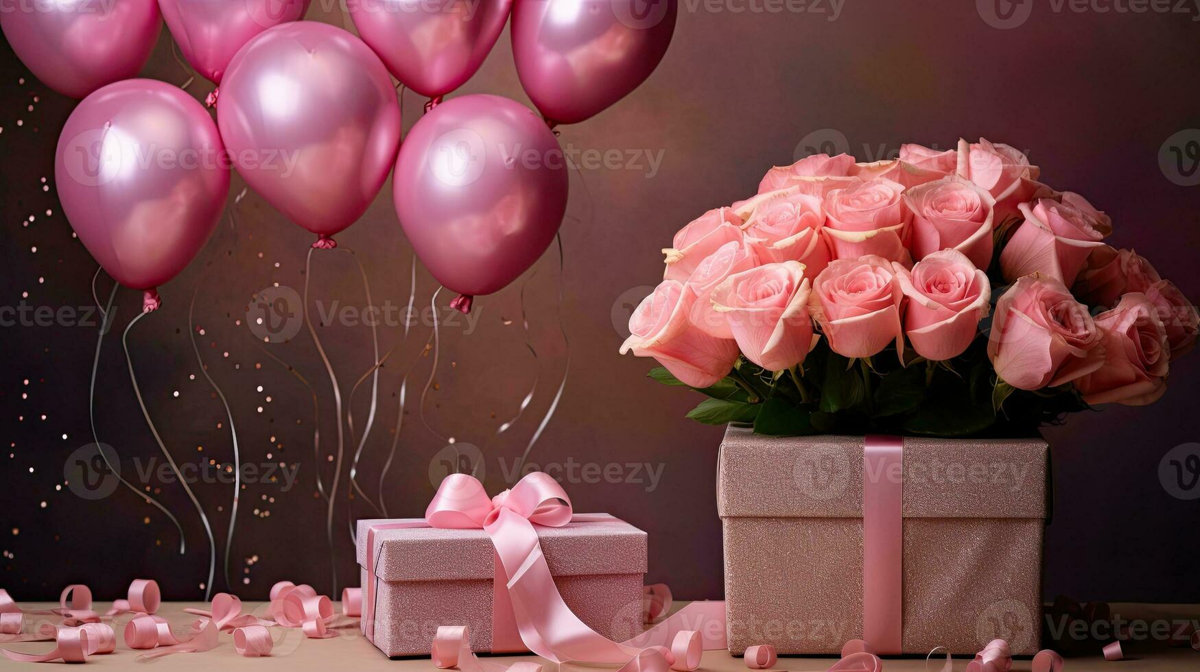 AI generated Luxury gift box with balloon and rose flower AI Generative photo