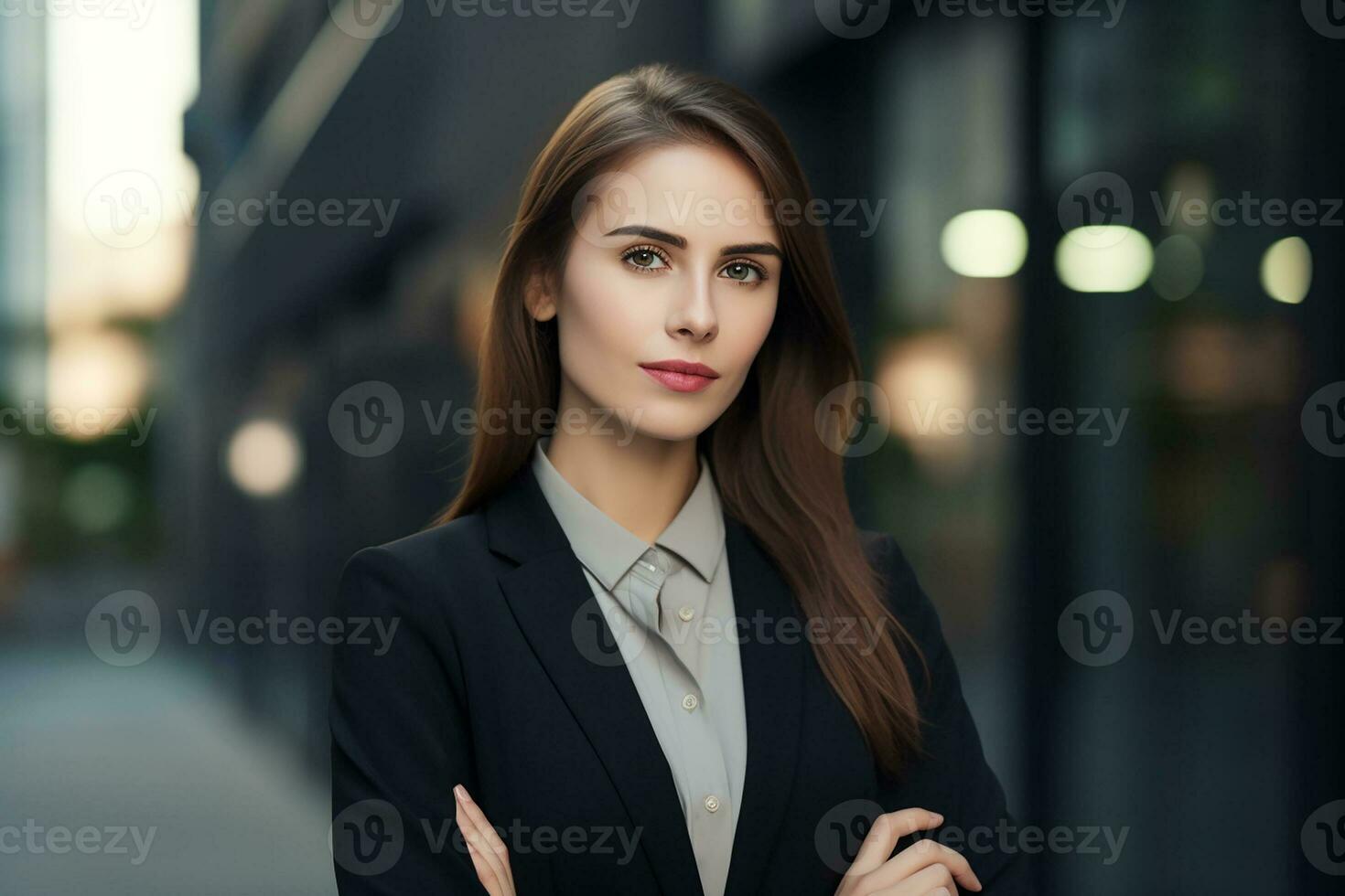 ai generado retrato de exitoso y contento mujer de negocios en oficina sonriente y mirando a cámara con cruzado brazos foto