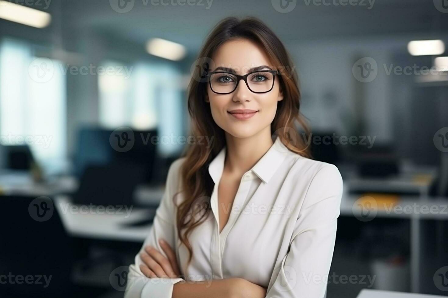 ai generado retrato de negocio mujer en el oficina foto