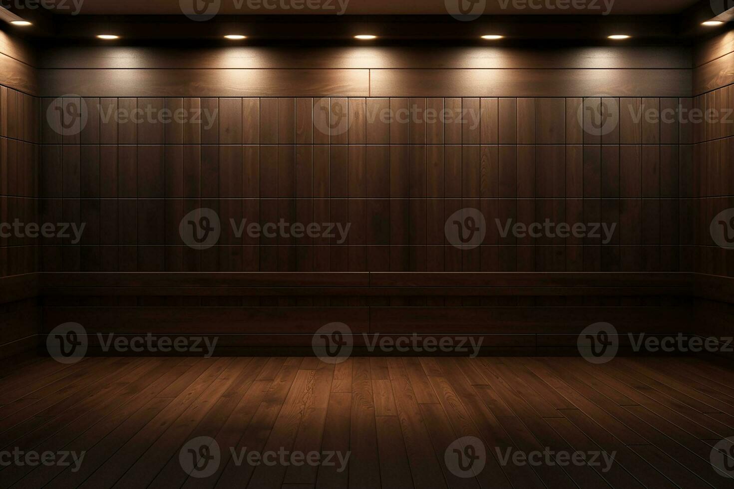 AI generated 3d rendered empty wooden room with lights and copy space photo