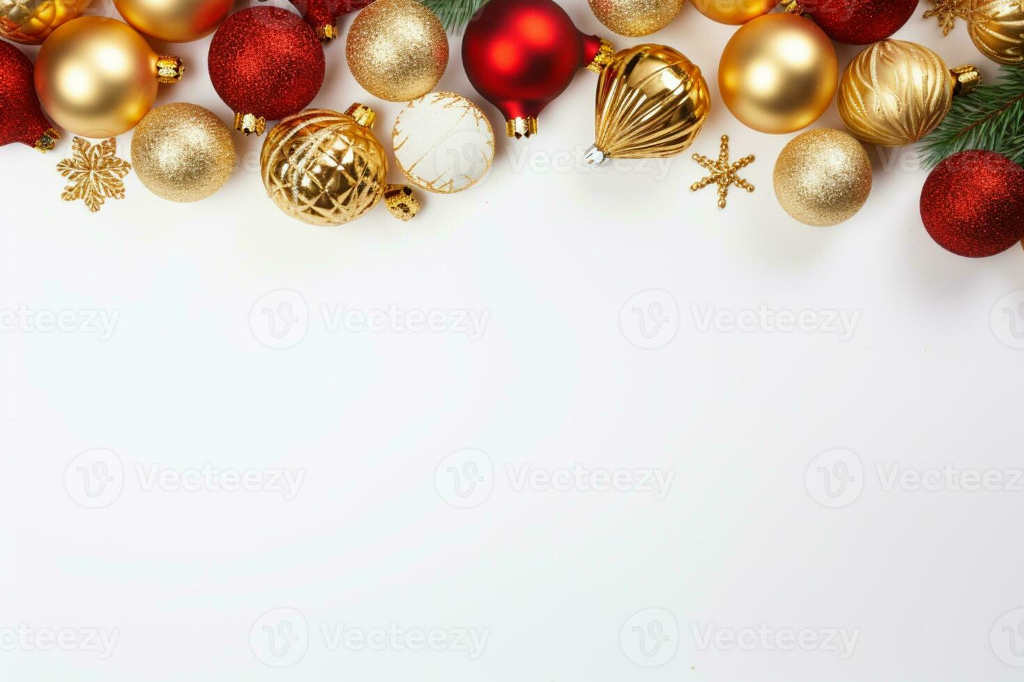 AI generated christmas holidays composition of fir tree branches with baubles and copy space photo