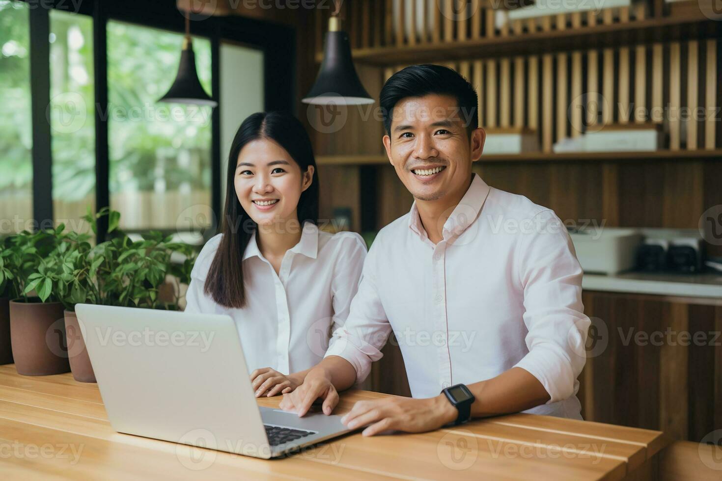 AI generated woman and man working with computer laptop on blur office background photo