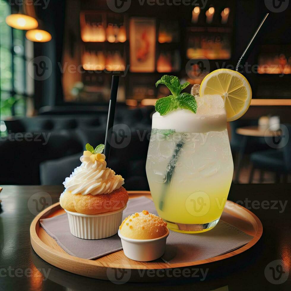 AI generated Lemon cocktail with cup cake AI Generative photo