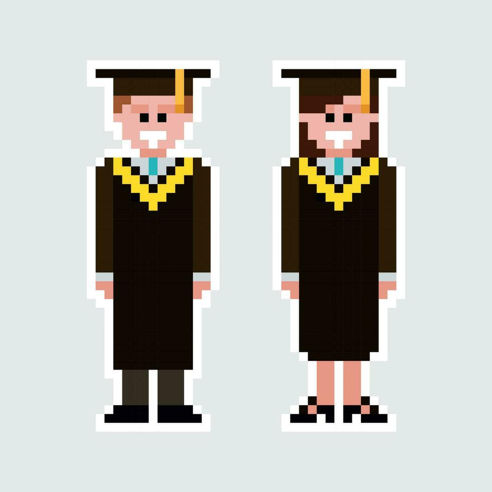 pixel art graduate couple in graduation gowns vector