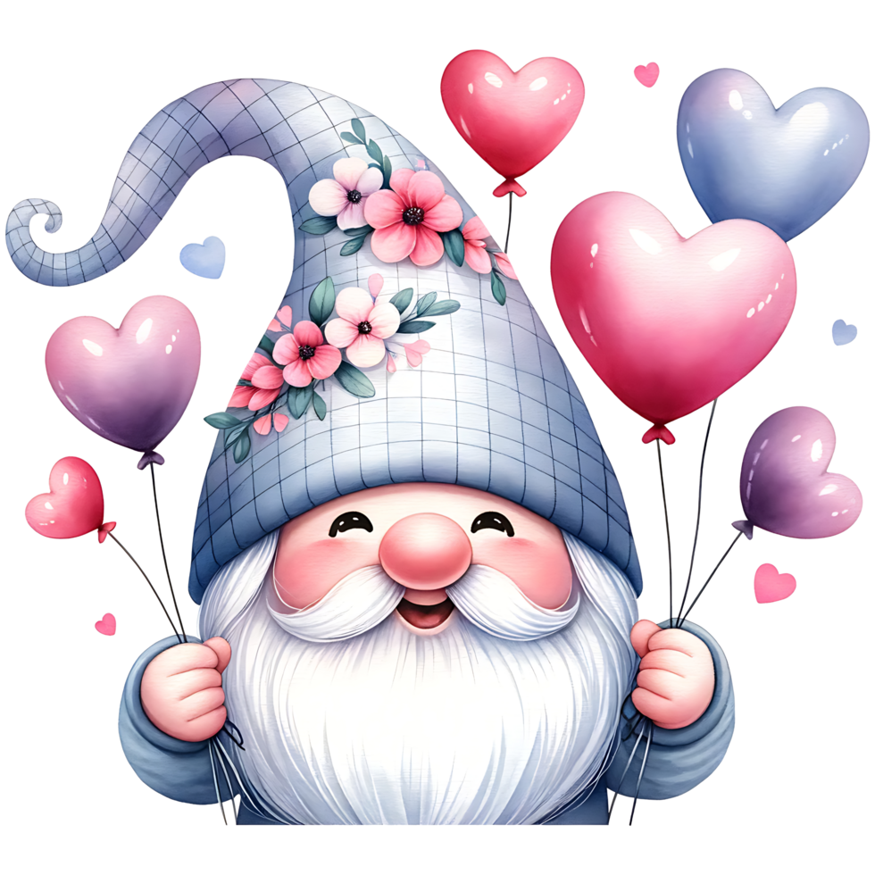 ai généré la Saint-Valentin journée salutation carte avec mignonne gnome en portant en forme de coeur des ballons png