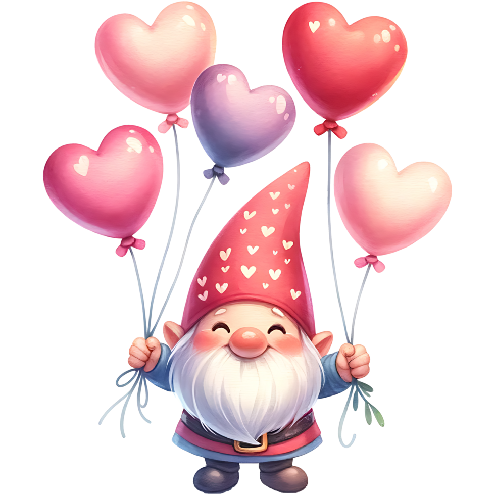 AI generated Valentine's day greeting card with Cute Gnome Holding Heart-Shaped Balloons png