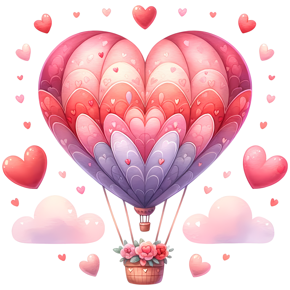 ai generiert Valentinsgrüße Tag Karte mit süß Gnom Paar im Liebe auf heiß Luft Ballon png