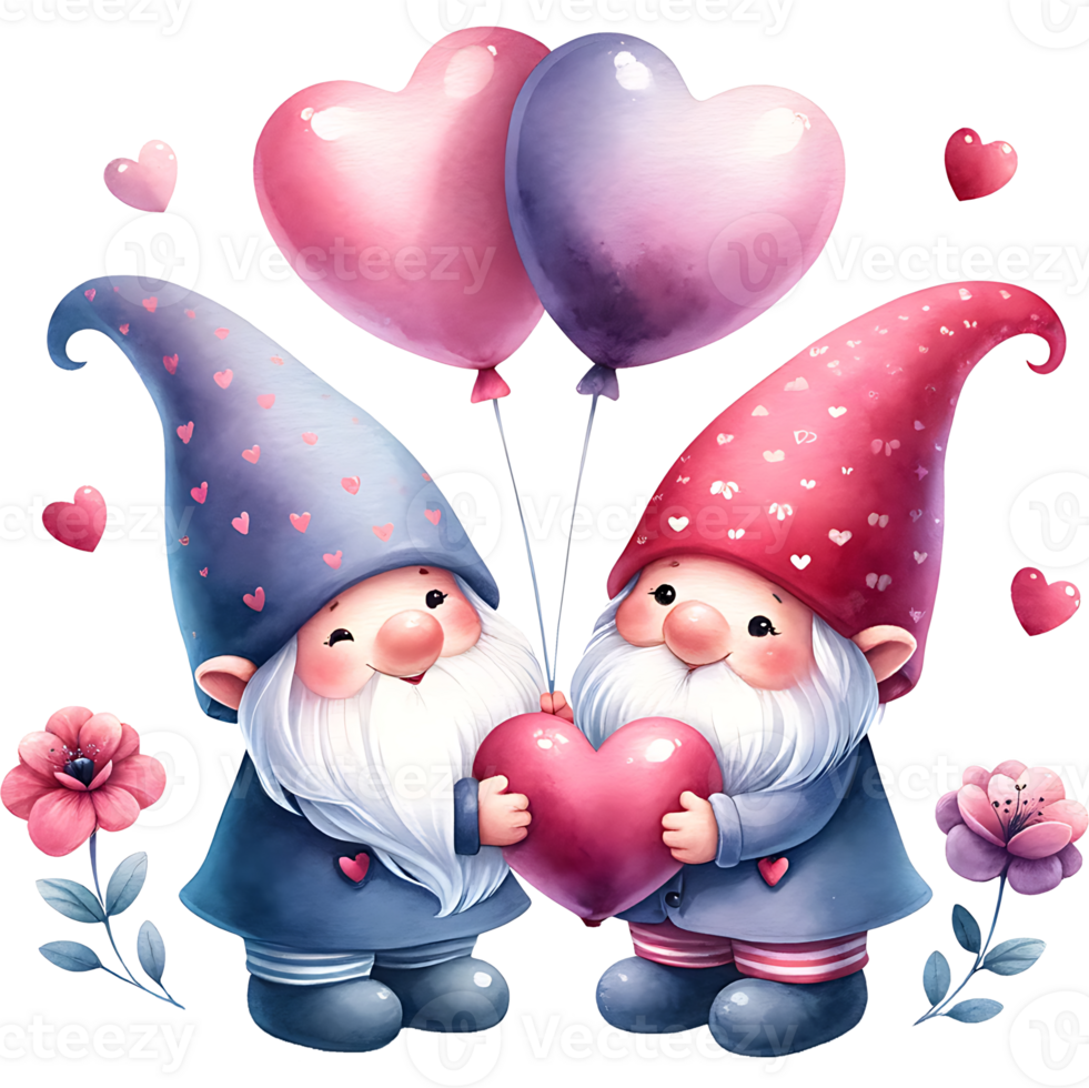 AI generated Valentine's day greeting card with Cute Gnome Holding Heart-Shaped Balloons png