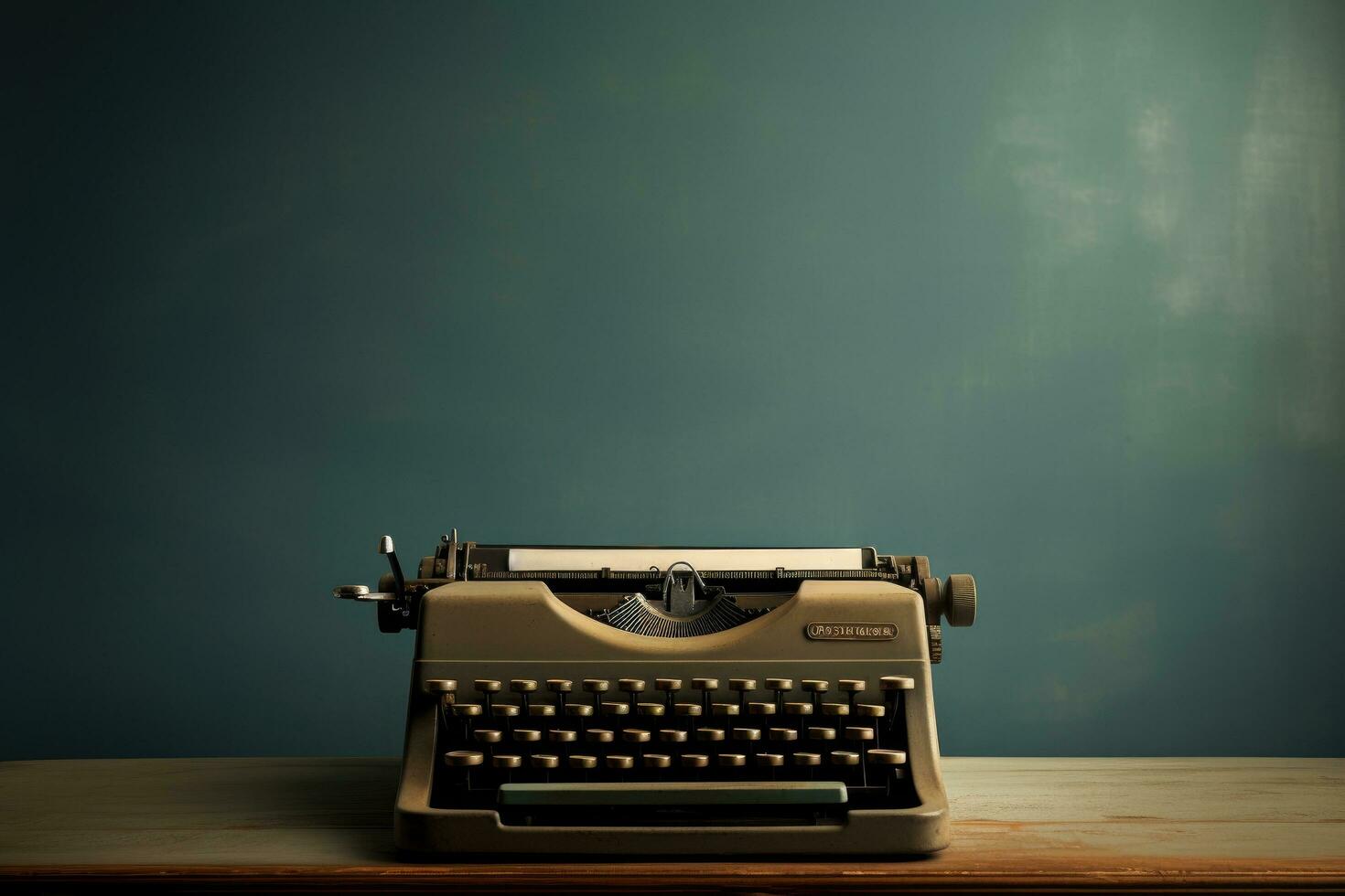 AI generated Vintage typewriter on wooden table with copy space on blue background, A dusty, vintage typewriter with a blank page, AI Generated photo