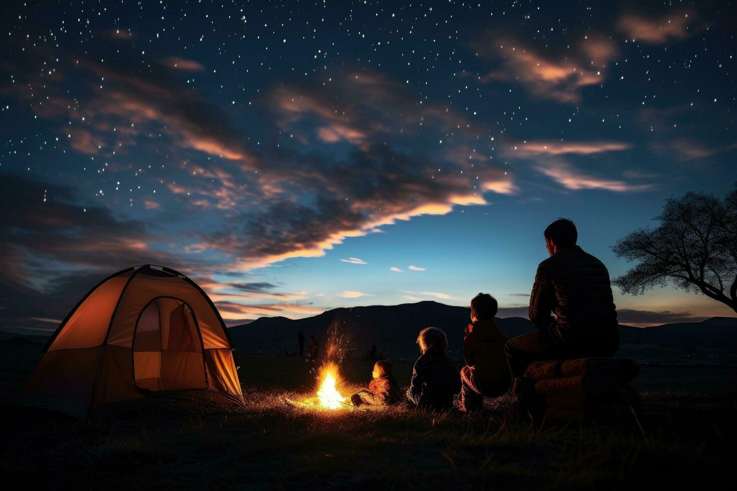 AI generated Couple camping in the mountains at night with bonfire and tent, A family camping trip under a star-filled sky, AI Generated photo