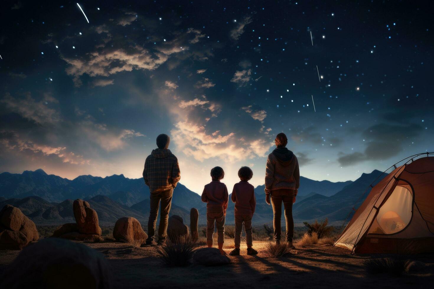 AI generated Family camping in the mountains at night with starry sky background, A family camping trip under a star-filled sky, AI Generated photo