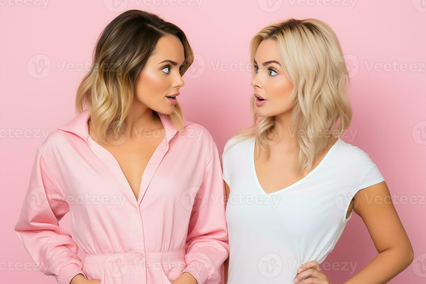 AI generated Portrait of two beautiful woman friends posing on pink isolated background generative AI photo