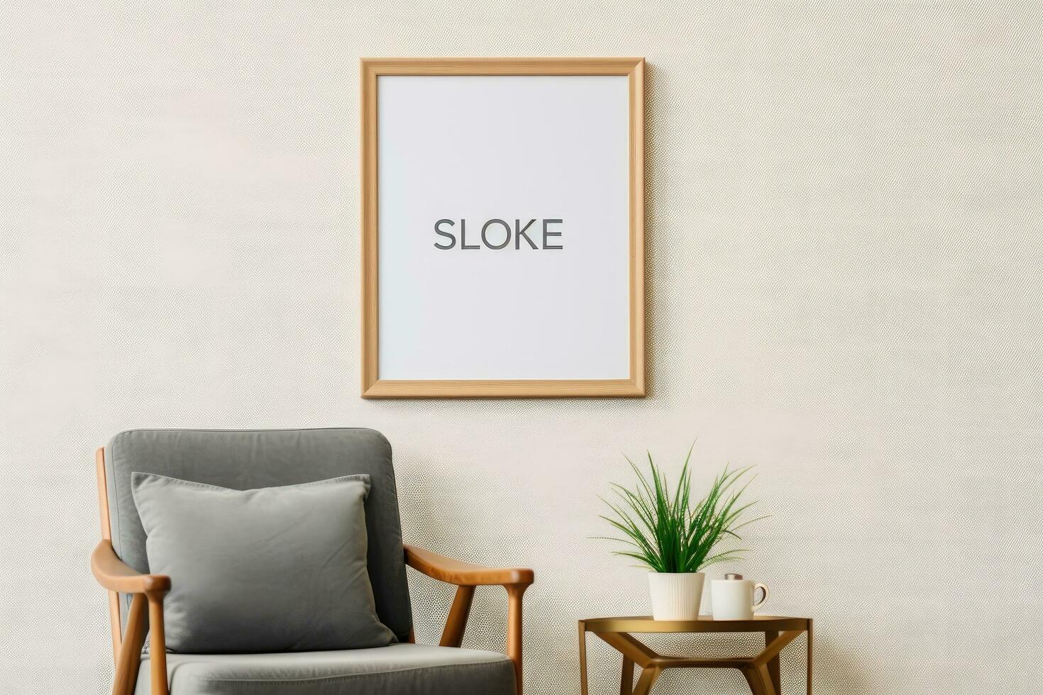 AI generated Mock up poster frame in modern living room interior with armchair, coffee table and plant, Interior mockup with a picture frame on a wall, AI Generated photo