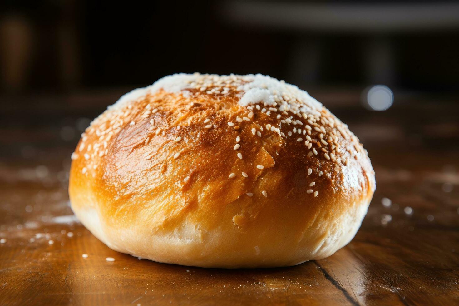 AI generated Freshly baked bread with sesame seeds on a wooden table, A doughy and soft texture of a freshly baked bun photo