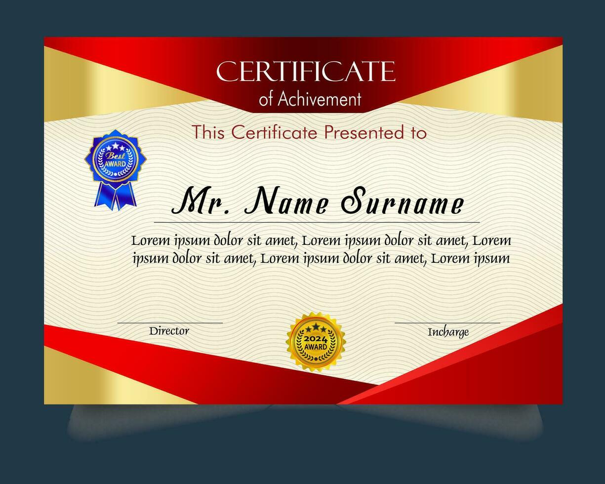 certificado de logro modelo conjunto con oro Insignia y borde, apreciación y logro certificado modelo diseño. elegante diploma certificado modelo vector