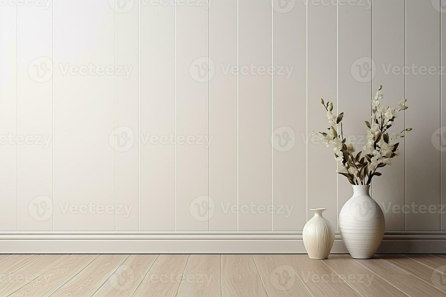 AI generated Empty white room with a wooden floor and plants. minimal with copy space photo