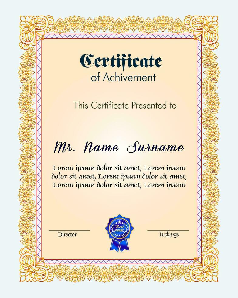 Certificate of achievement template set with gold badge and border, Appreciation and Achievement Certificate Template Design. Elegant diploma certificate template vector