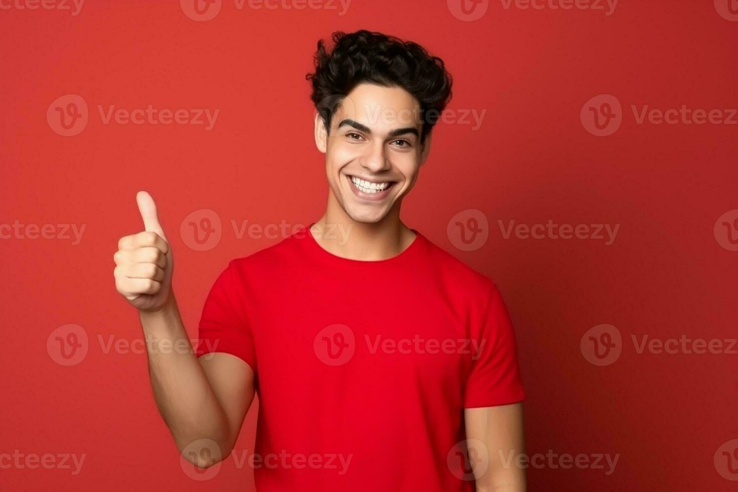 AI generated Portrait of cheerful man smiling and showing thumb up over red background photo