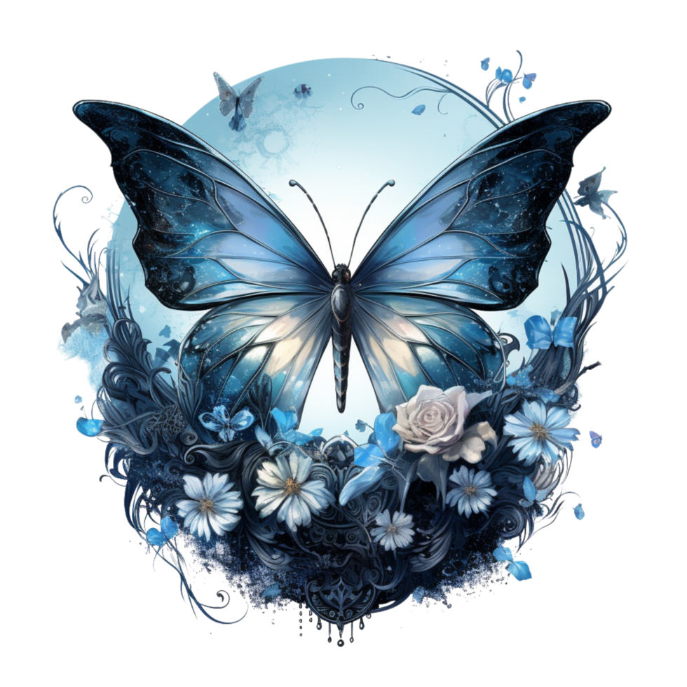 AI generated blue butterfly with flowers and leaves on transparent background png