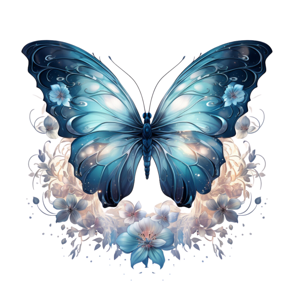 AI generated blue butterfly with flowers on transparent background png