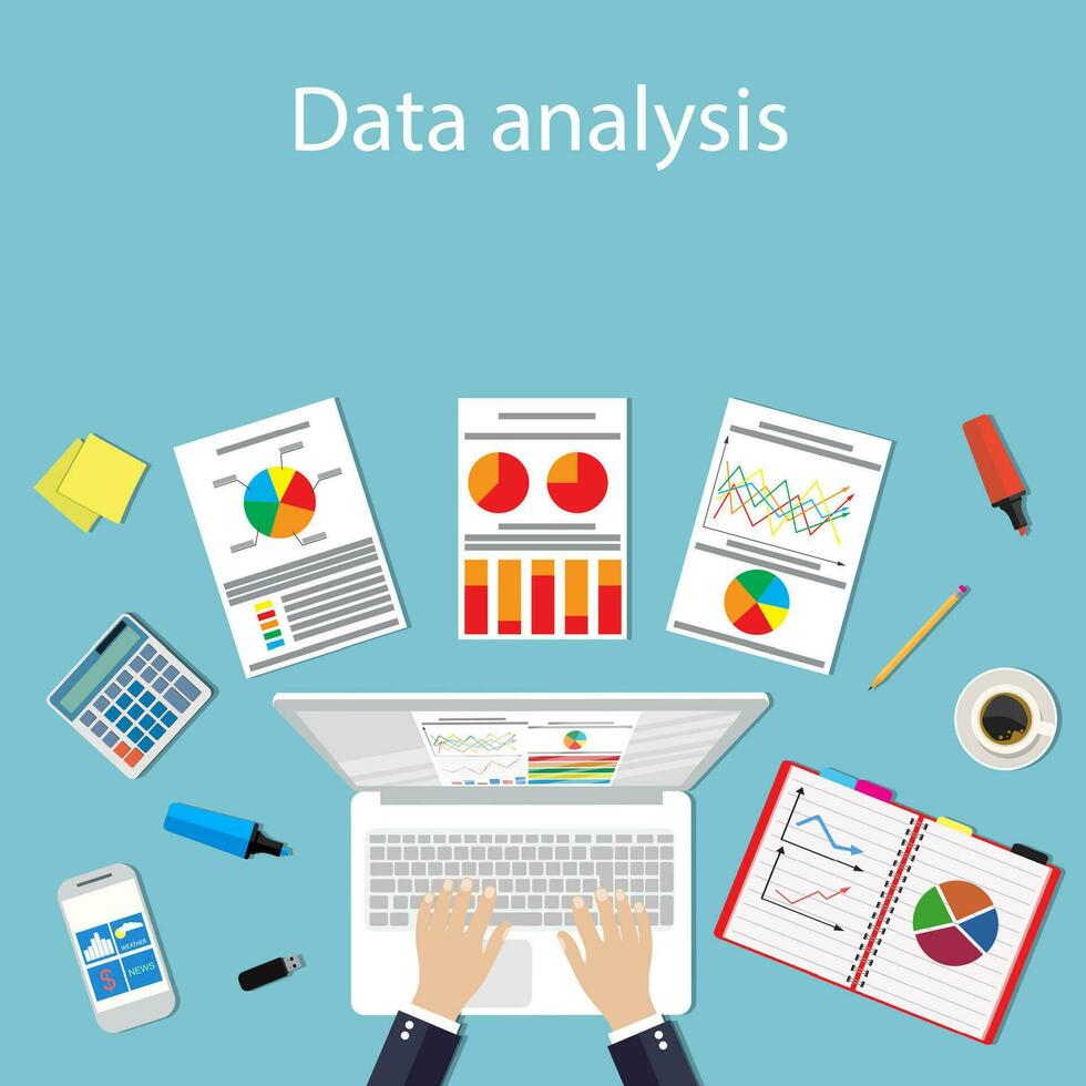 empresario con ordenador portátil análisis datos. vector