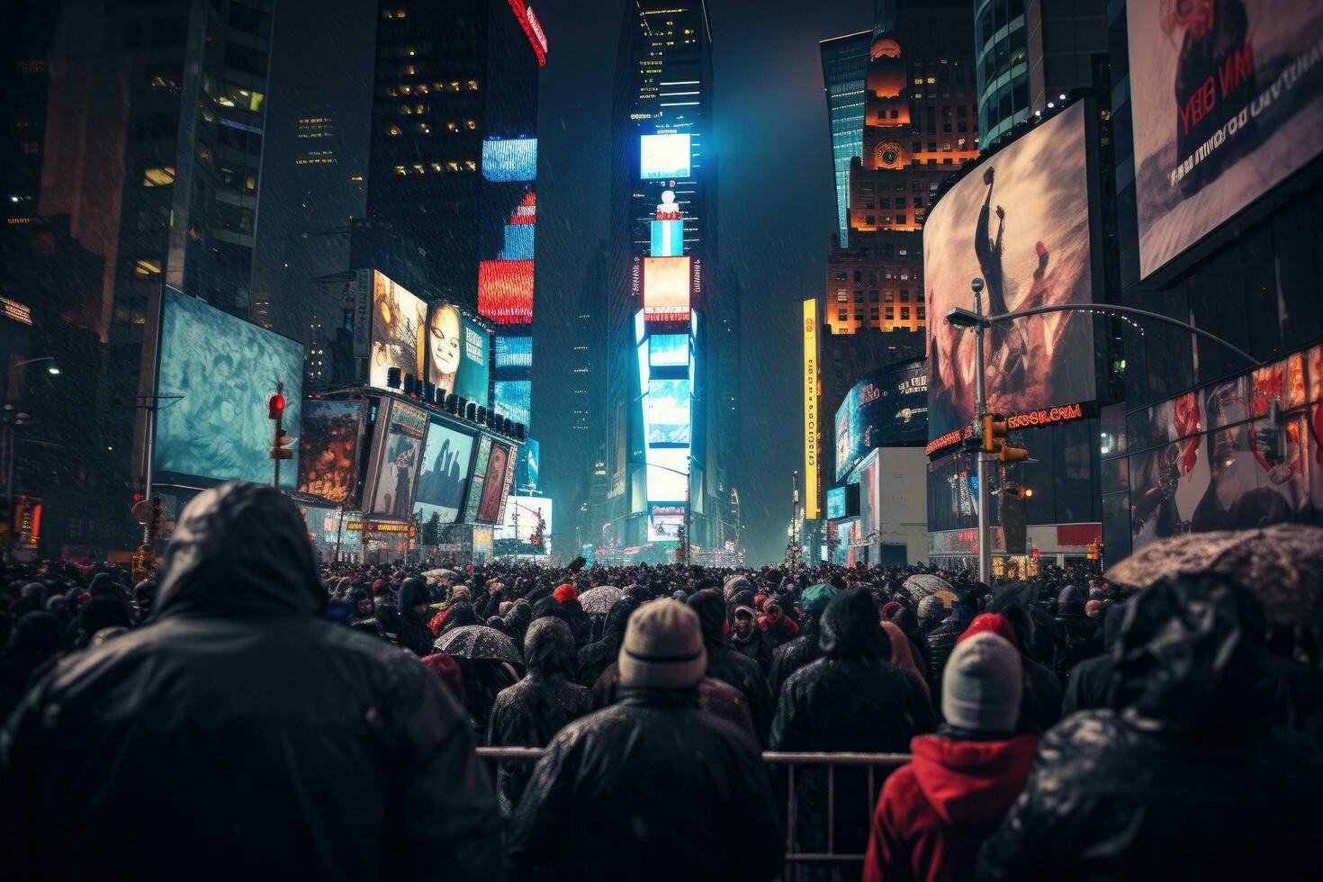 ai generado s cuadrado, Destacados con Broadway teatros y enorme número de LED señales, es un símbolo de nuevo York ciudad y el unido estados, un multitud esperando para el pelota soltar a veces cuadrado, ai generado foto